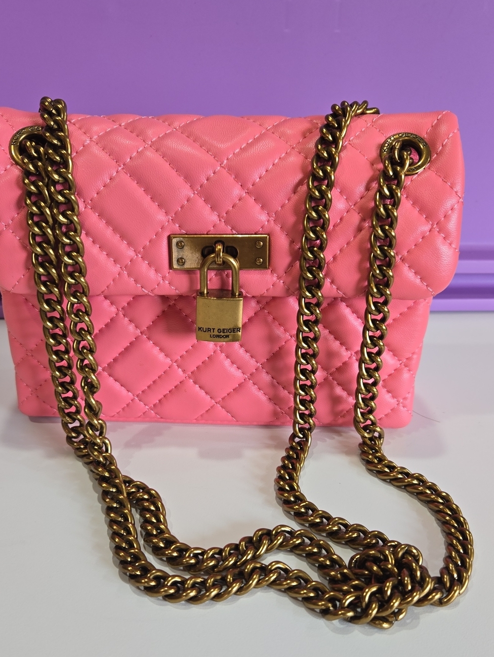 Kurt Geiger Hot Pink Quilted Crossbody with Gold Chain